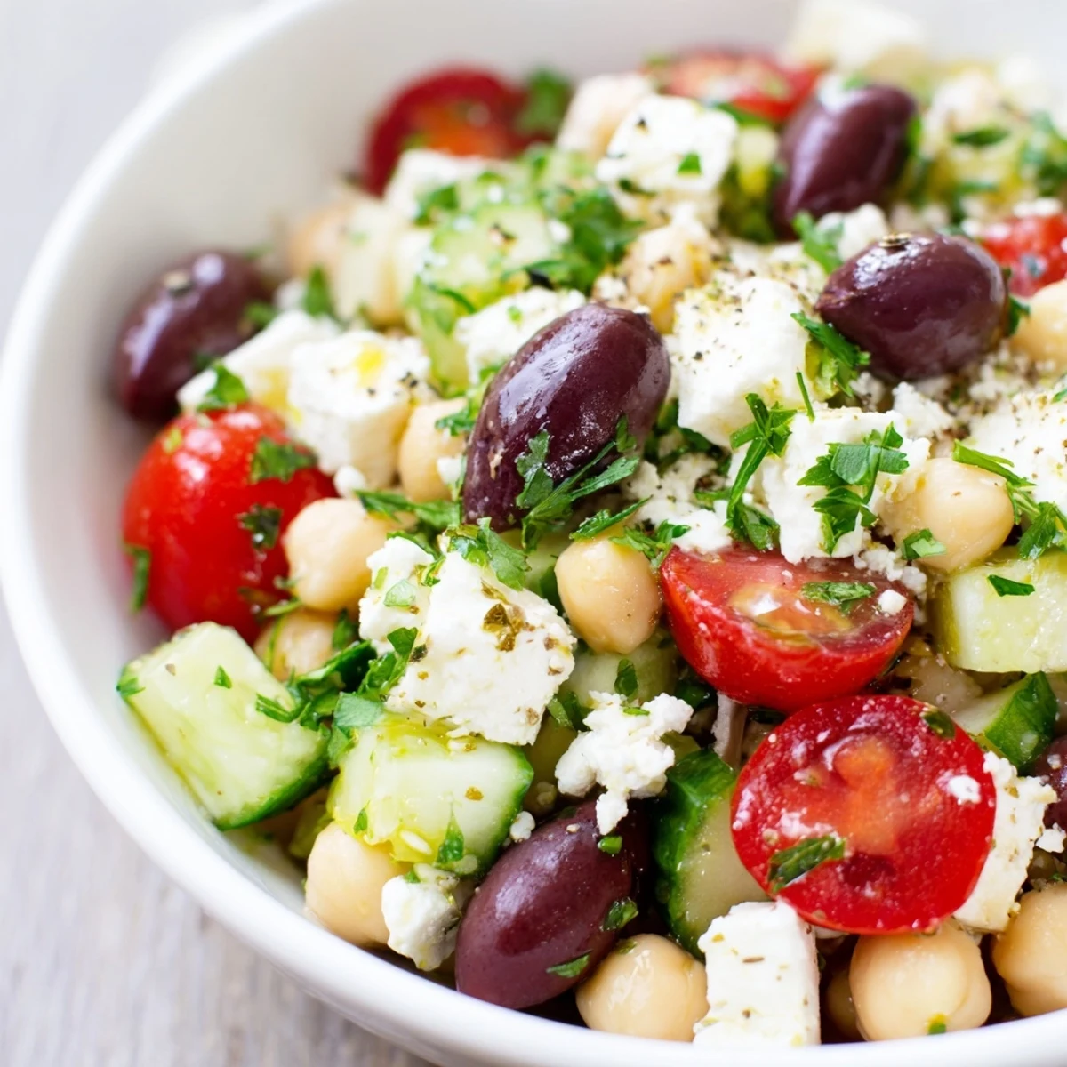 Colorful Mediterranean Chickpea and Feta Salad tossed with Kalamata olives and crumbled feta, ready to serve.