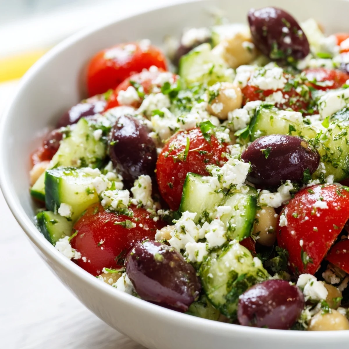 Fresh Mediterranean Chickpea and Feta Salad in a white bowl with vibrant cherry tomatoes and cucumbers.