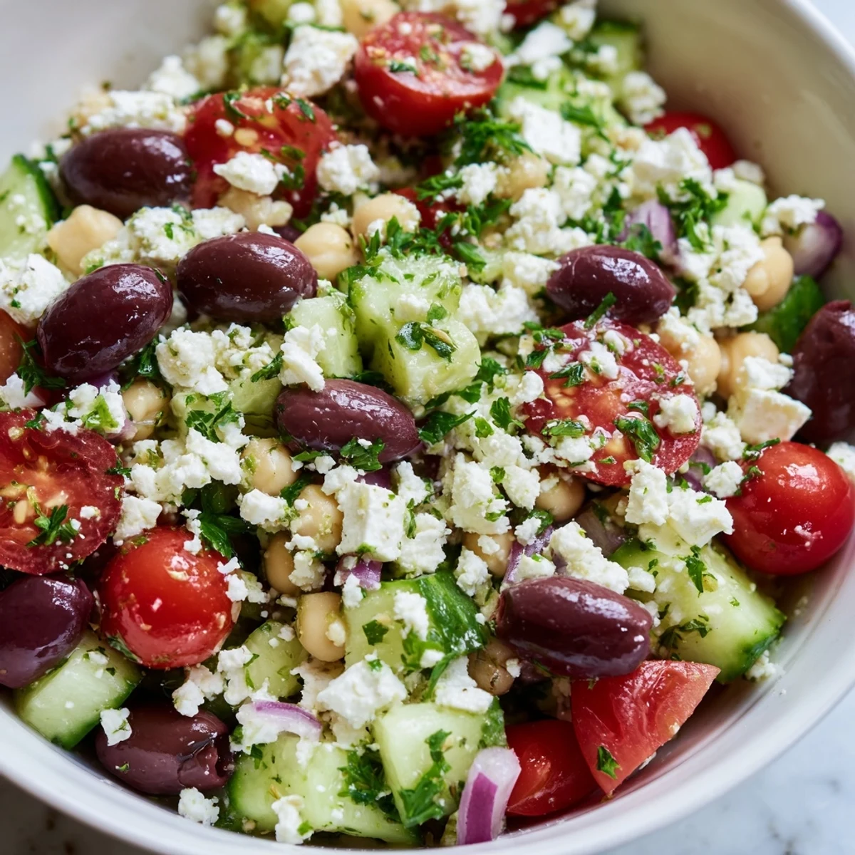 Vibrant Mediterranean Chickpea and Feta Salad drizzled with lemon dressing, paired with grilled pita bread slices.