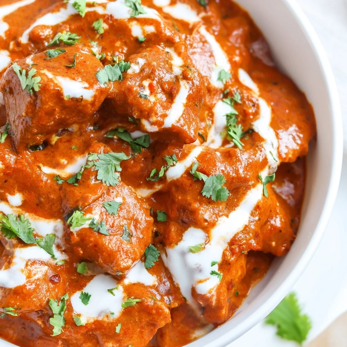 Aromatic spices and creamy tomato sauce coat tender chicken thighs in this classic Indian-inspired dish.