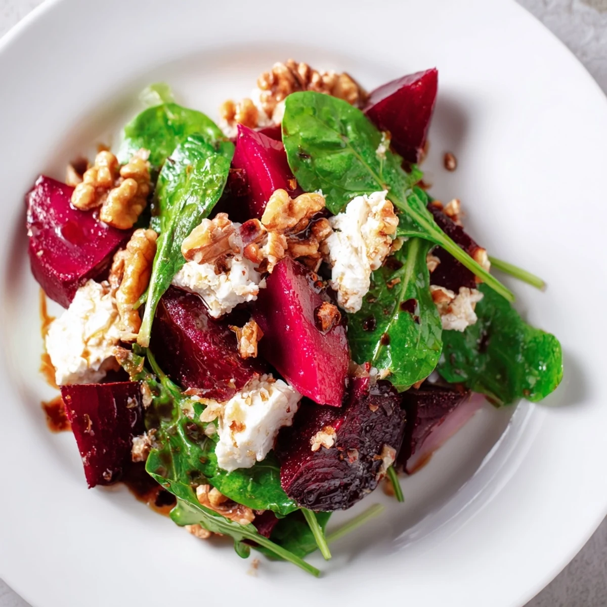 Roasted Beet and Walnut Salad arranged on a platter with ruby-red beet wedges, toasted walnuts, and crumbled goat cheese over greens, drizzled with balsamic vinaigrette.