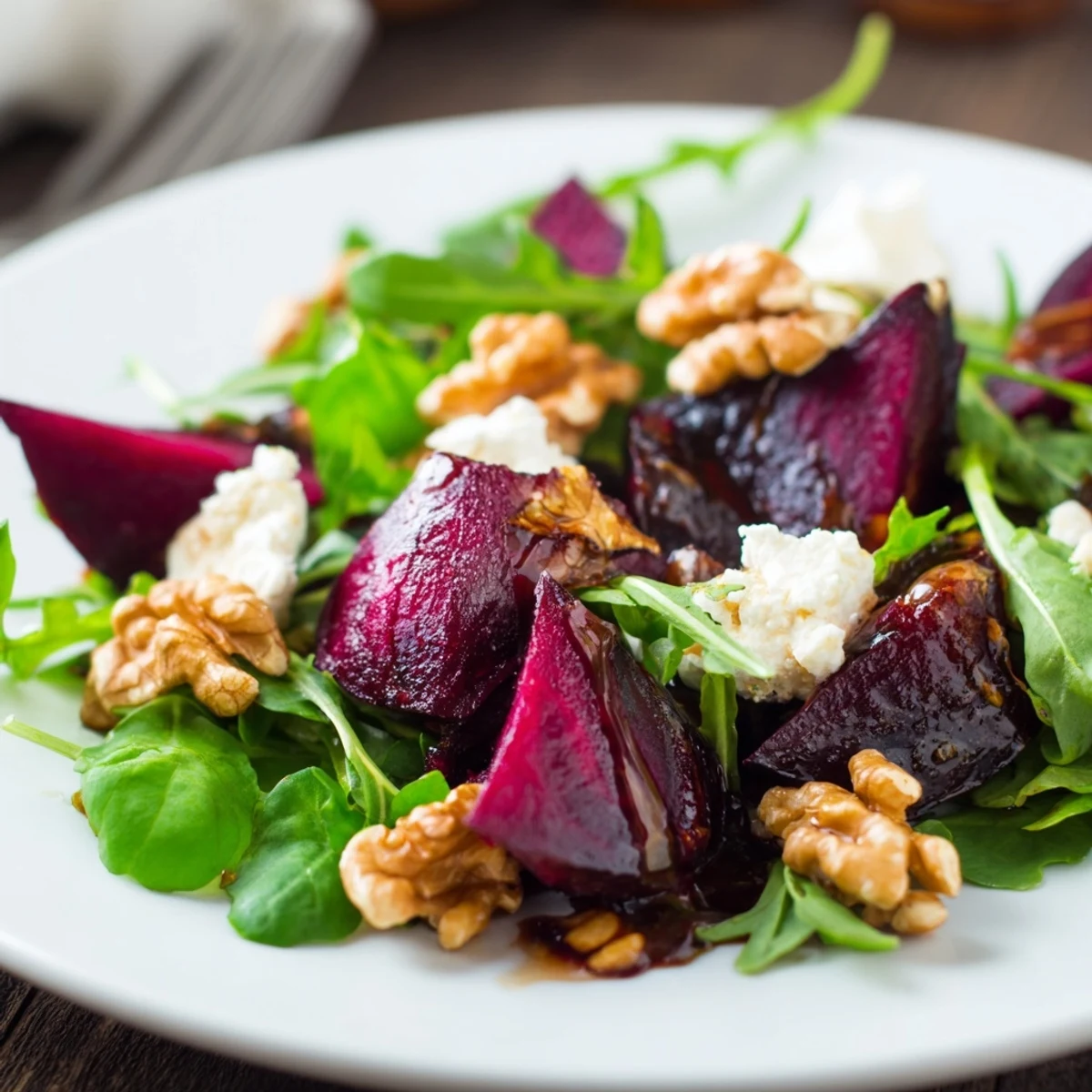 Vibrant Roasted Beet and Walnut Salad topped with creamy goat cheese crumbles and walnuts, served on a white plate as a hearty vegetarian side.