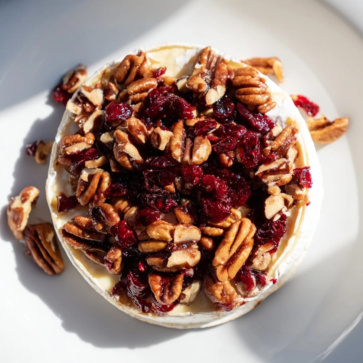 A golden wheel of Baked Brie with Cranberry Pecan Topping, baked until gooey and drizzled with maple syrup, ideal for a festive holiday party appetizer.