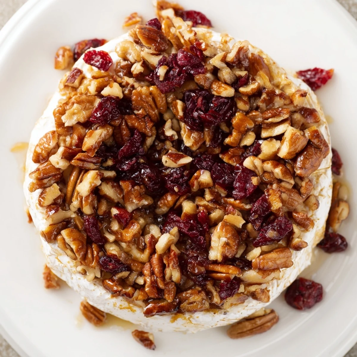 A close-up of warm Baked Brie with Cranberry Pecan Topping, melty and topped with ruby red cranberries and toasted pecans, ready to serve with crackers.