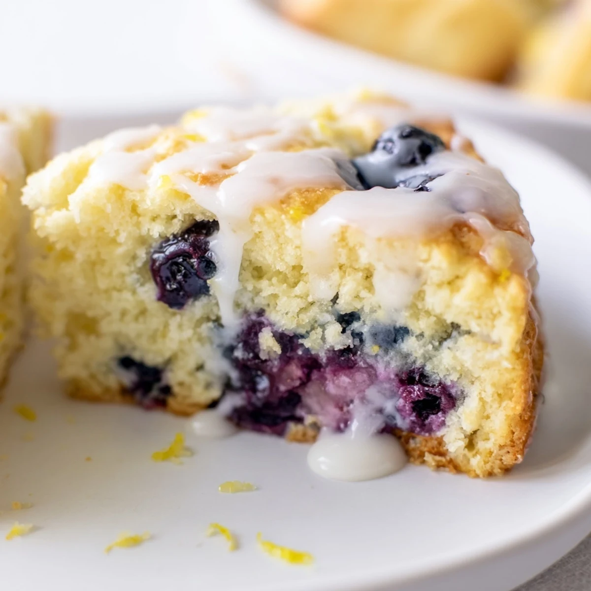 A close-up of Lemon Blueberry Scones, showcasing juicy blueberries and a bright lemon glaze on a white ceramic plate.