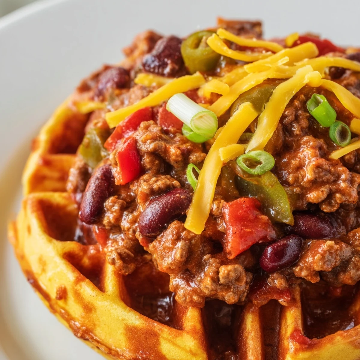 A close-up of Beef Chili with Cornbread Waffles featuring rich, chunky chili ladled over a golden-brown, crisp waffle, topped with melted cheddar and green onions.