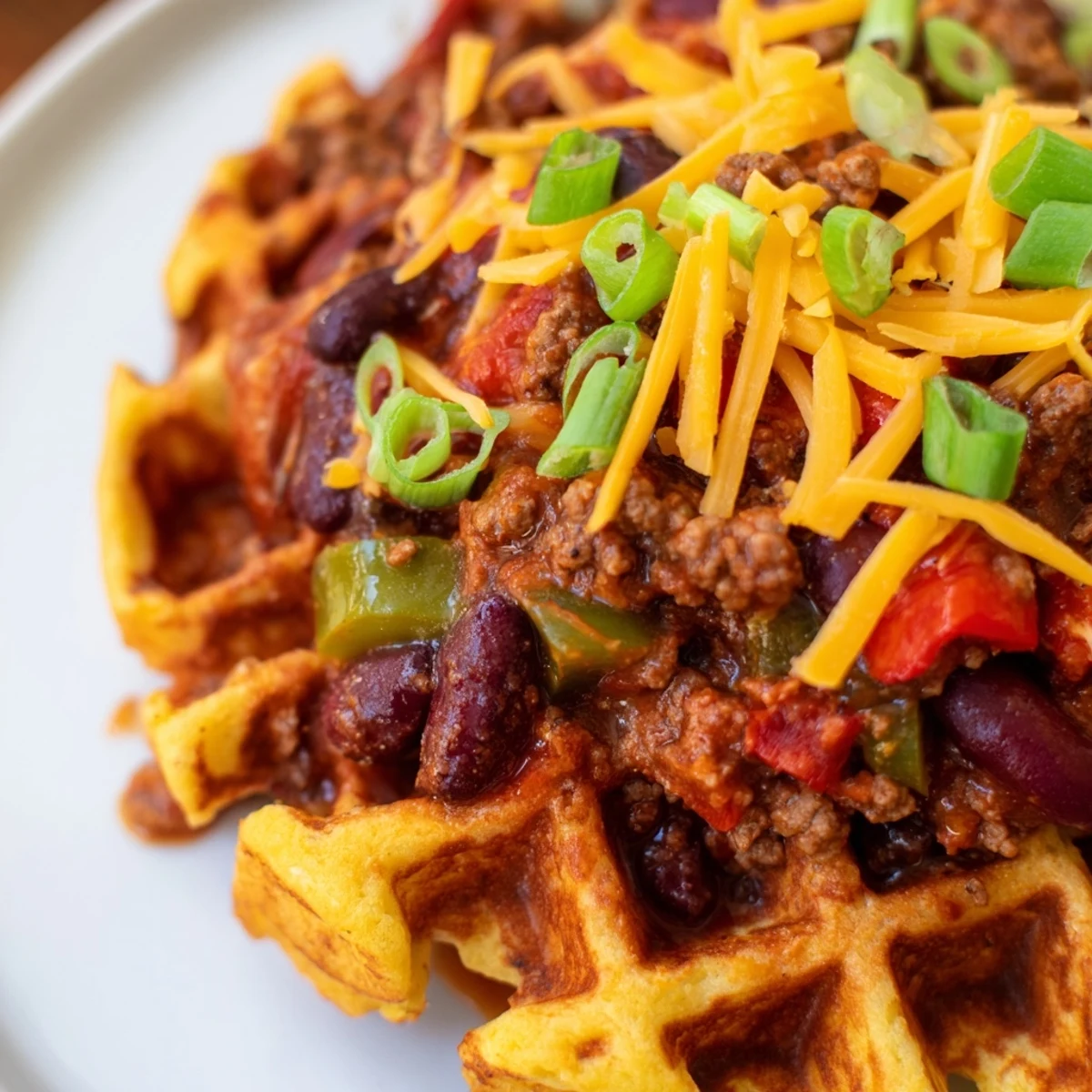 Beef Chili with Cornbread Waffles arranged on a white plate, steam rising from the spicy red chili against the textured, crispy cornbread surface.