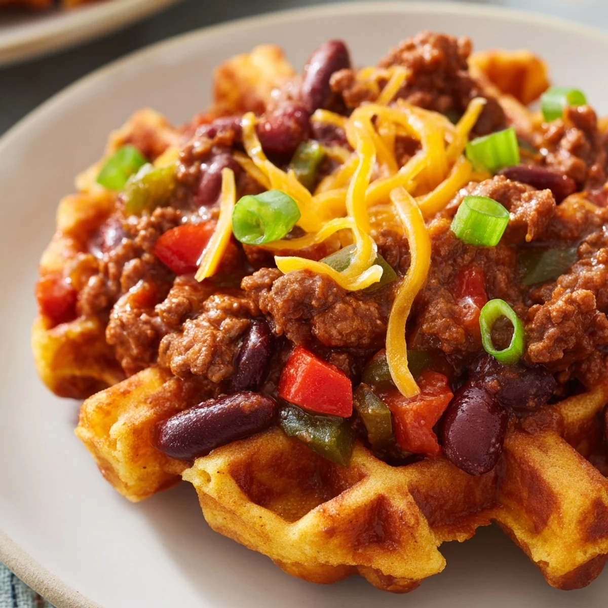 Savory Beef Chili with Cornbread Waffles served on a rustic plate, garnished with a dollop of sour cream and fresh cilantro, showcasing hearty beef and beans.