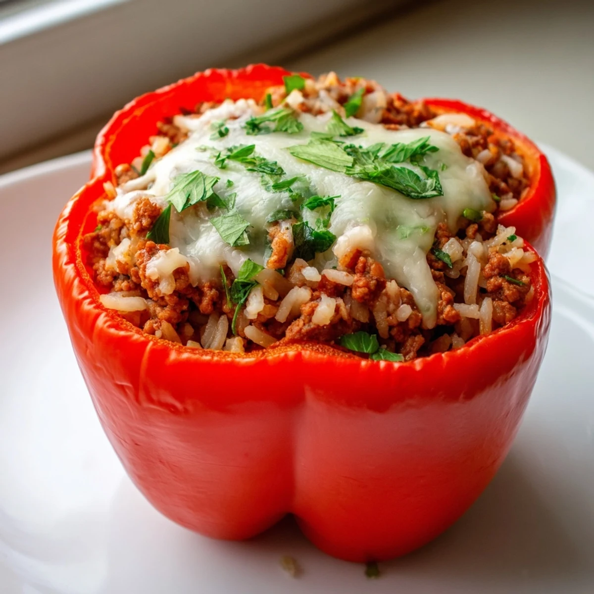 Golden-brown stuffed bell peppers with savory turkey filling, served alongside a fresh green salad in a rustic white baking dish.  
