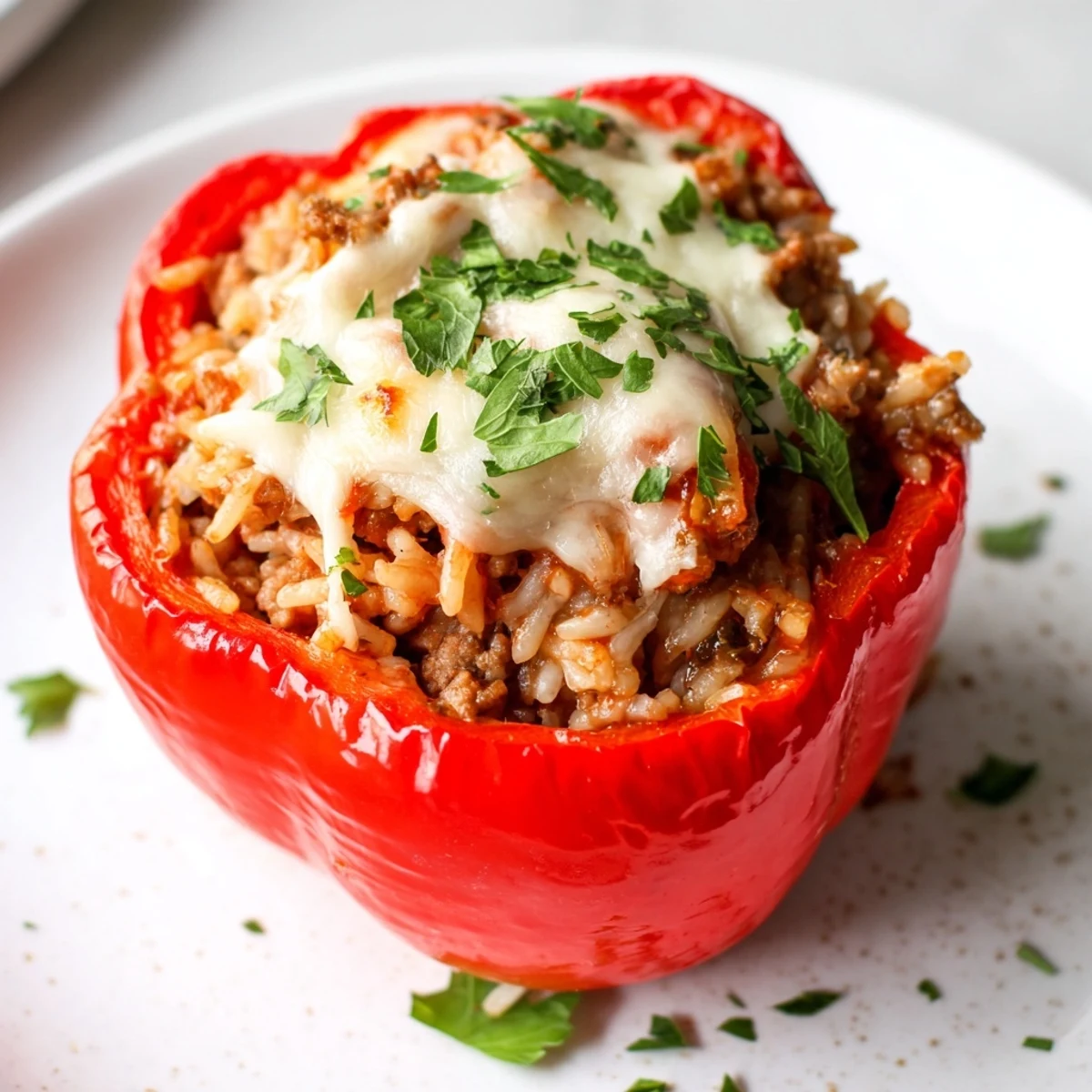 Freshly baked Turkey Stuffed Bell Peppers with fluffy rice, juicy ground turkey, and herbs in a simple home-style presentation.