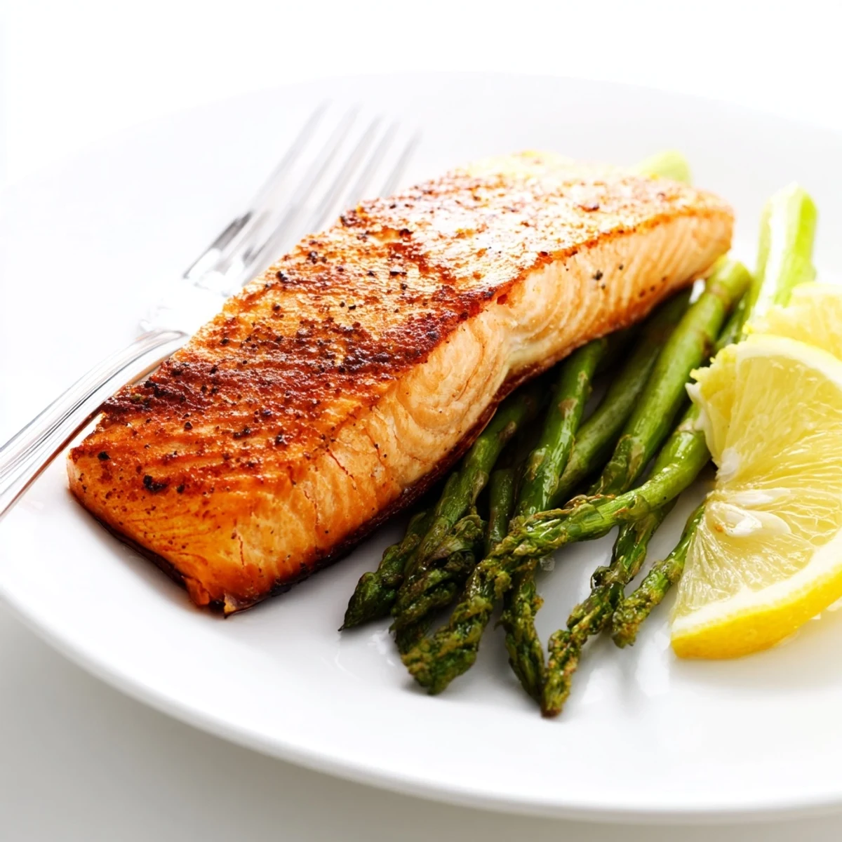 Golden brown Crispy Air Fryer Salmon with Asparagus, garnished with dill, rests on a white plate ready to serve.