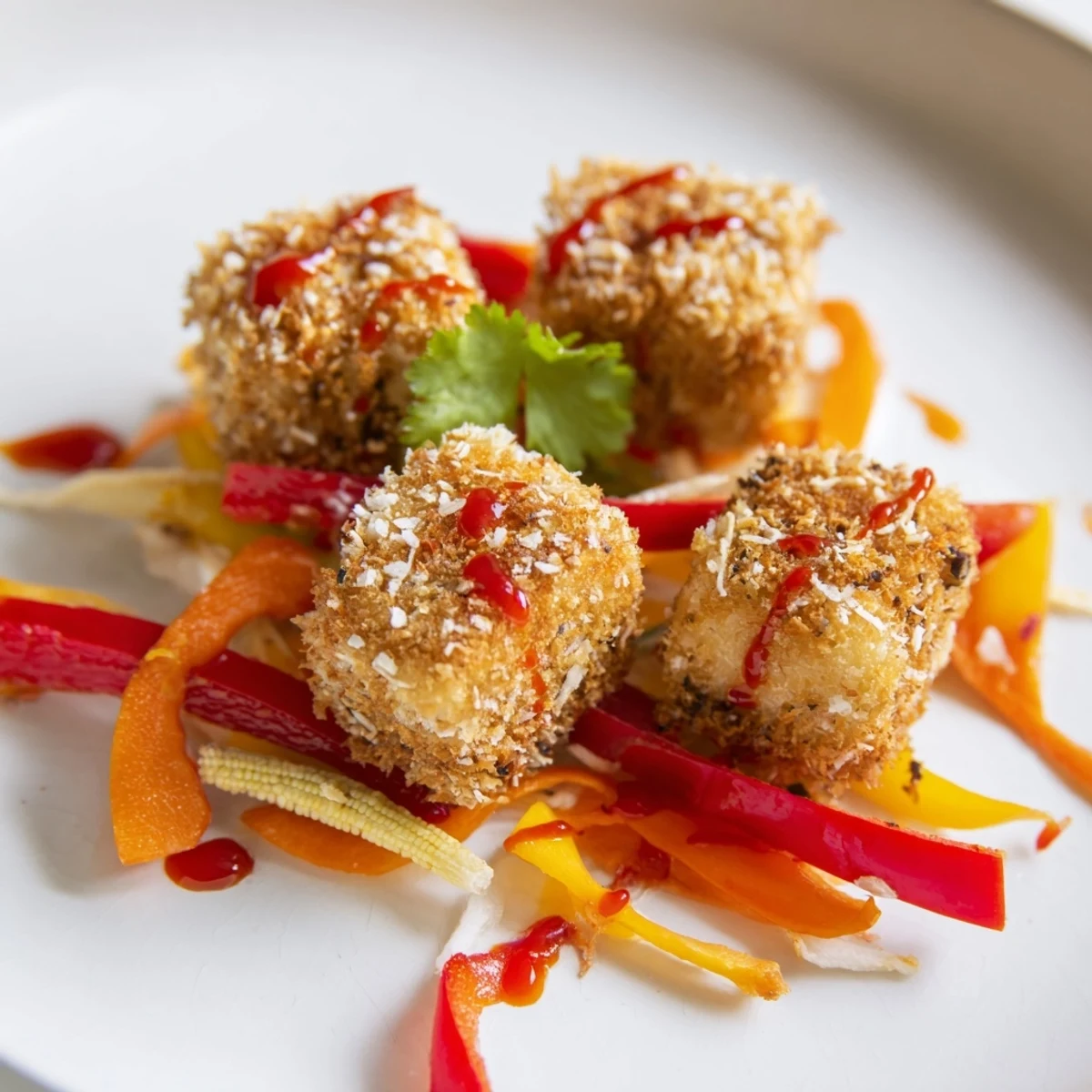 A close-up of golden-baked Crispy Coconut Tofu with Stir Fry Veggies highlights crunchy texture beside fluffy white rice.