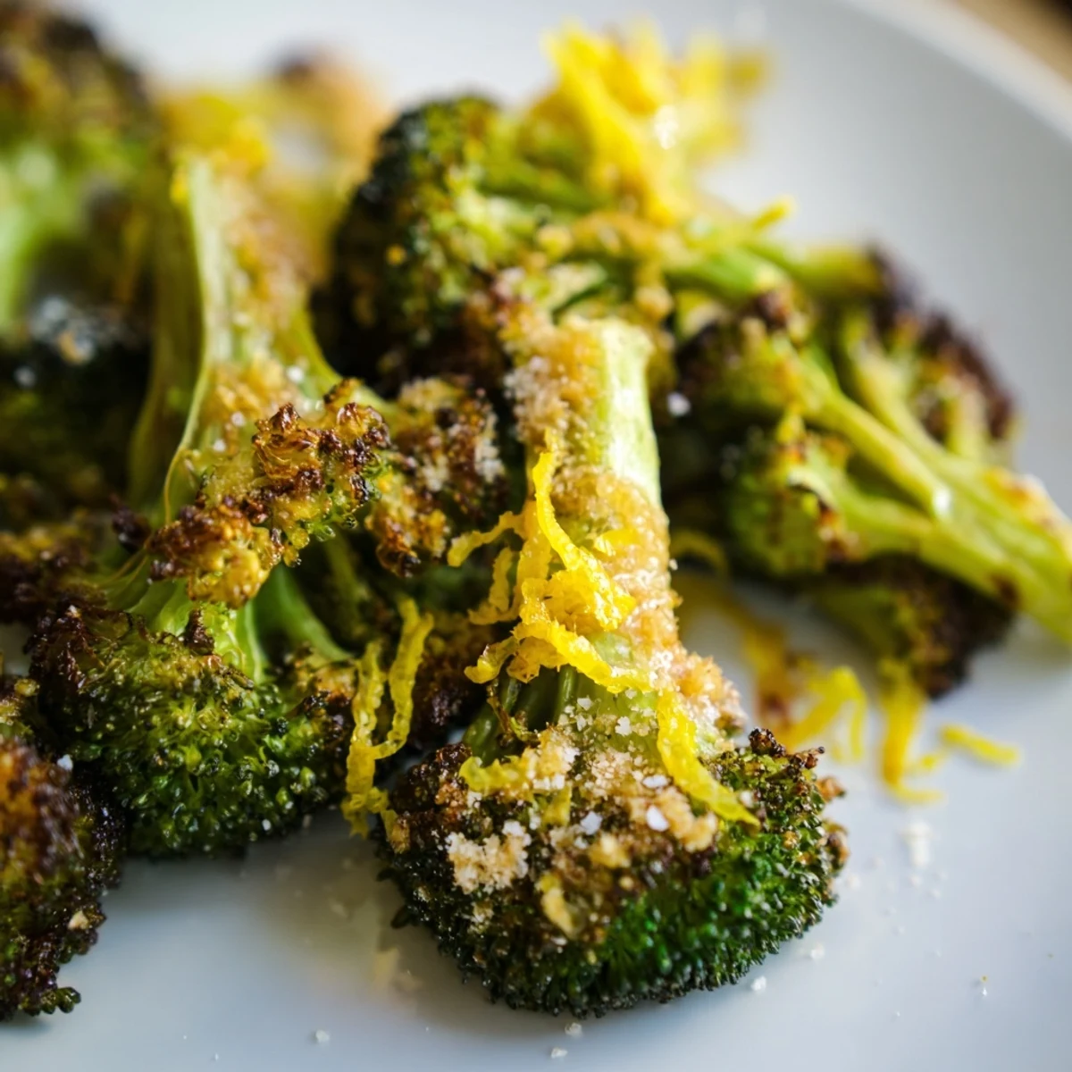 Golden roasted broccoli with garlic and Parmesan cheese on a plate, ready to serve alongside grilled chicken for dinner.