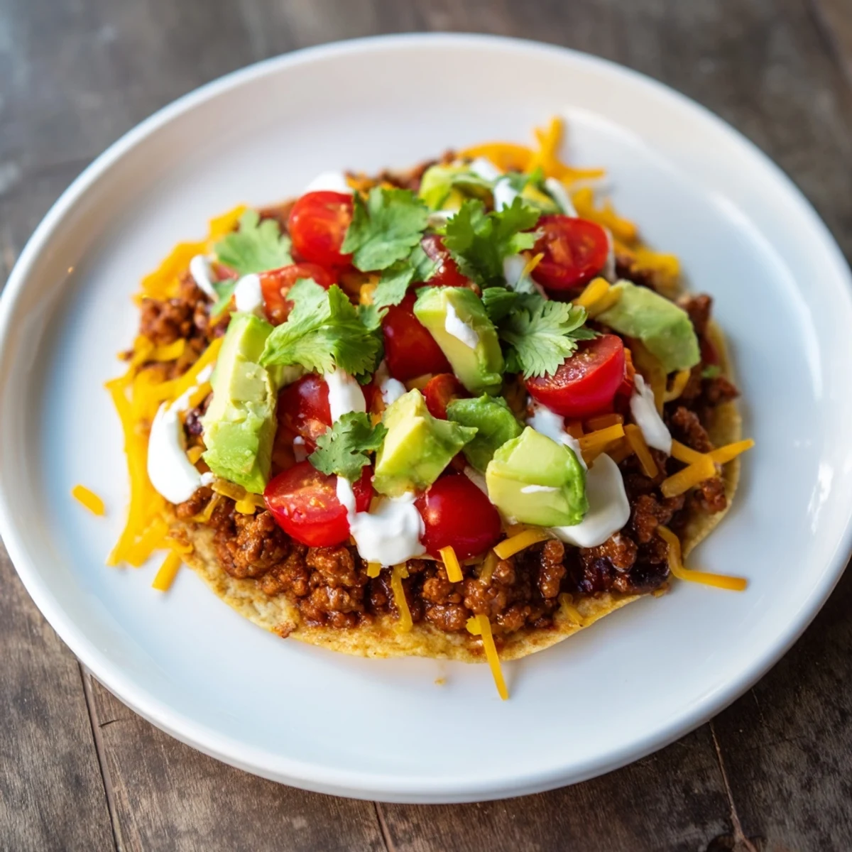 Homemade Beef Tostadas with seasoned ground beef and refried beans, garnished with cilantro and lime.