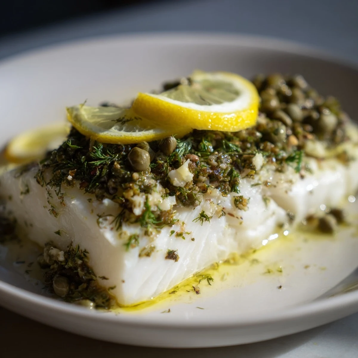 Tender lemon baked haddock with capers served alongside roasted potatoes and a crisp green salad.