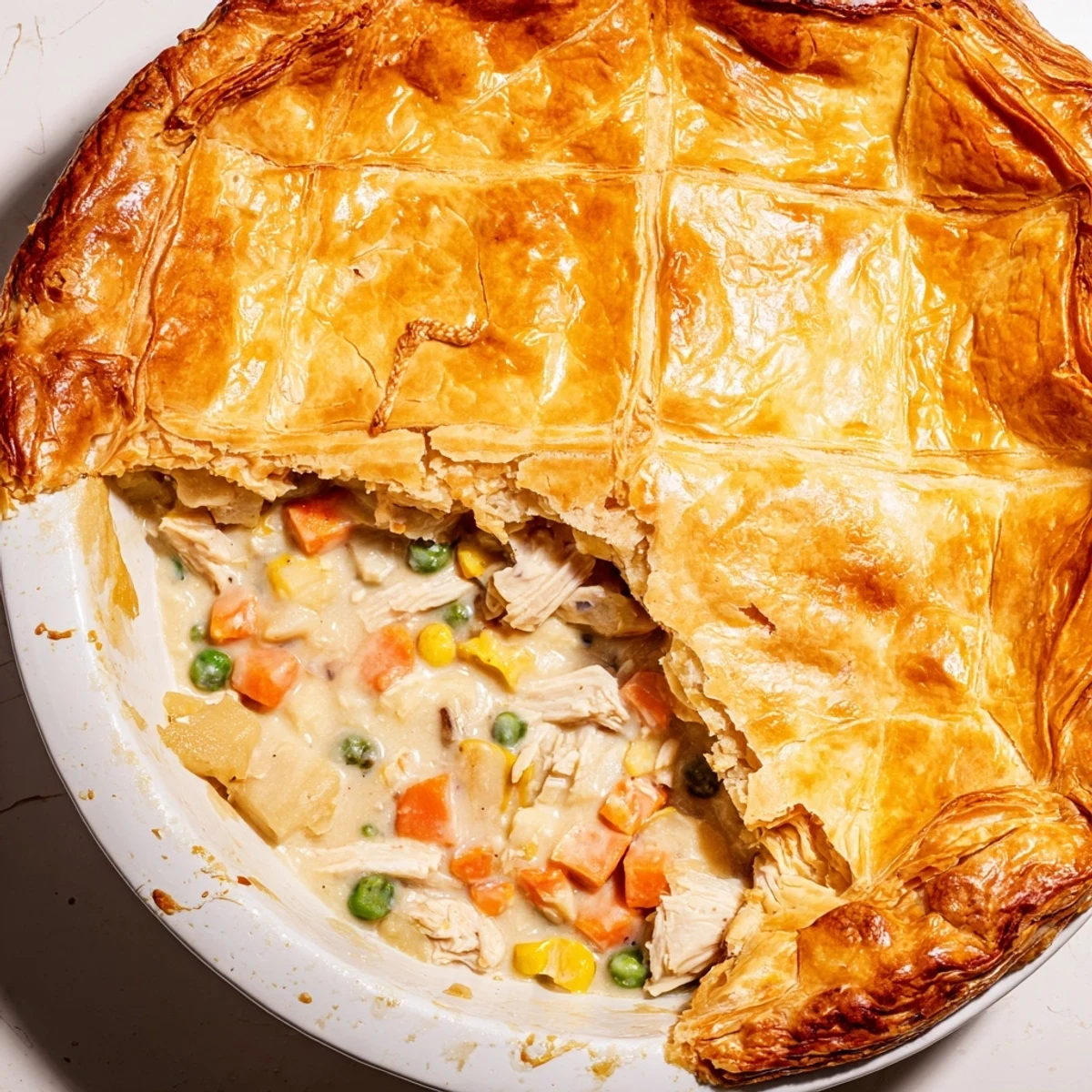 Golden puff pastry tops the baked Turkey Pot Pie with Puff Pastry Crust, bubbling creamy filling peeking out, served hot from the oven.