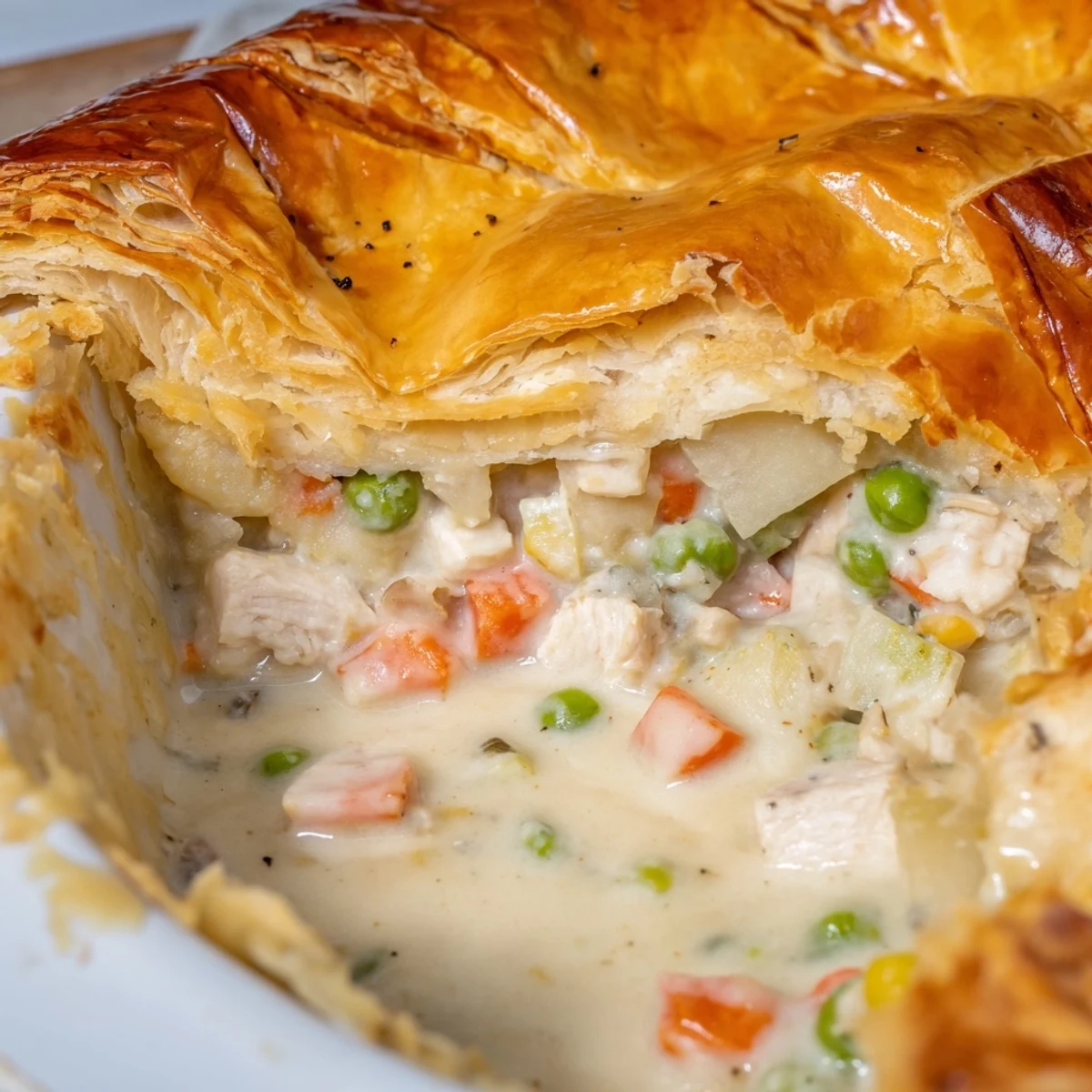 Close-up of Turkey Pot Pie with Puff Pastry Crust on a rustic table, flaky crust brushed golden, ready to slice for dinner.