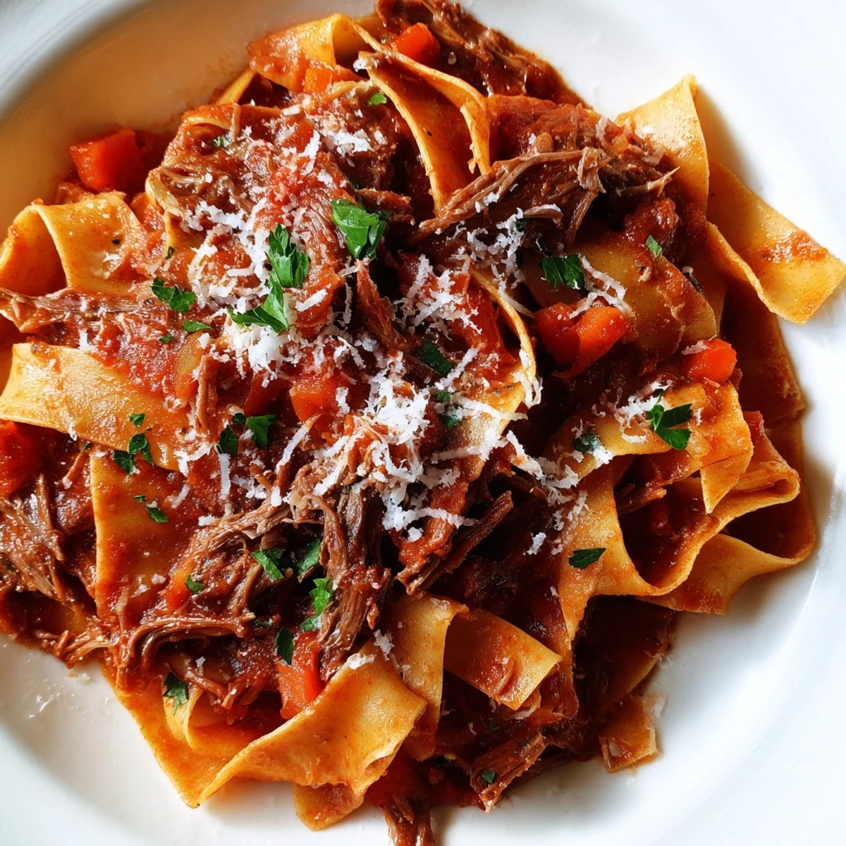 Tender Slow Cooker Beef Ragu tossed with pappardelle and fresh parsley, served with Parmesan. Deep, slow-simmered, Italian-style flavors.