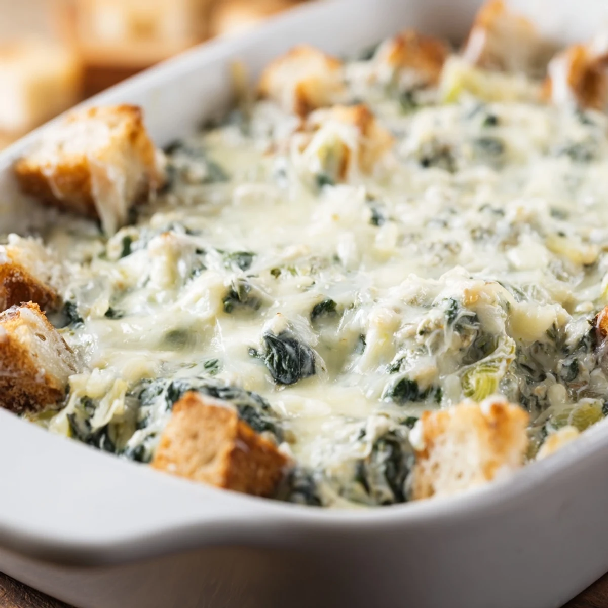 Golden, bubbling Creamy Spinach Dip with Sourdough Bread is served hot in a baking dish, ready for dipping.