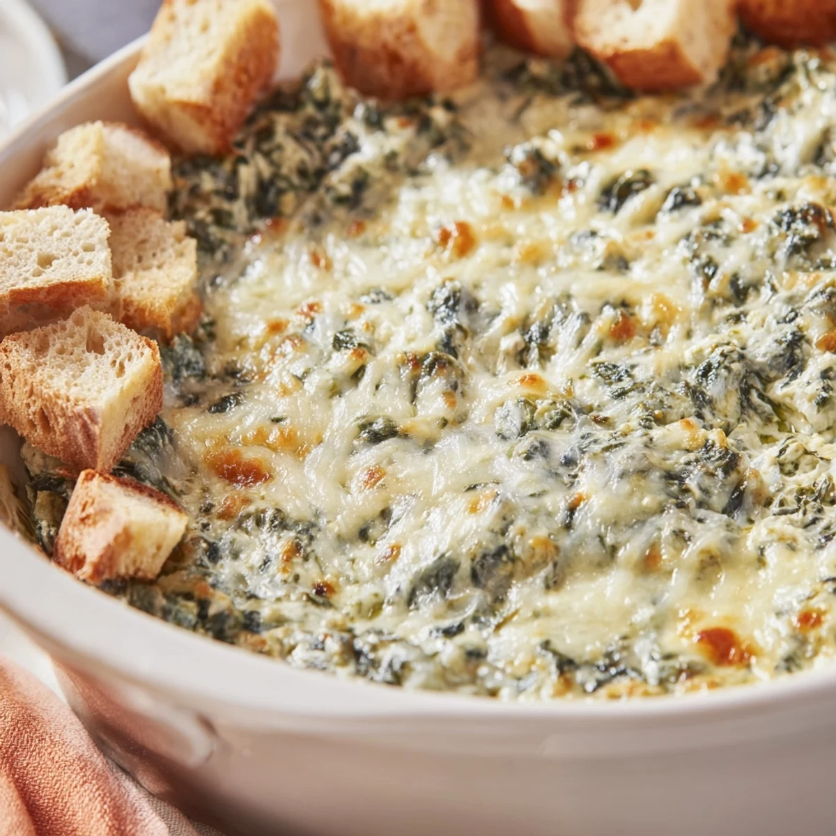 Freshly baked Creamy Spinach Dip with Sourdough Bread features golden cheese and herb topping, steaming beside crusty slices.