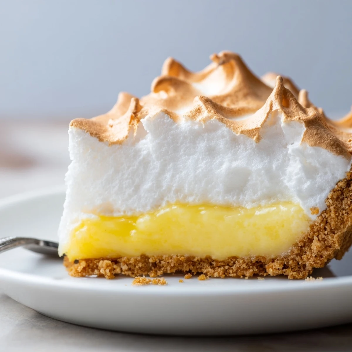 A slice of Lemon Meringue Pie with Graham Cracker Crust is plated, featuring a golden-toasted meringue and bright yellow filling.