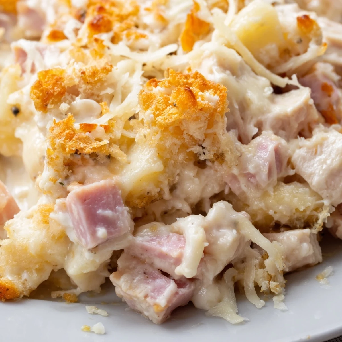 Golden baked Chicken Cordon Bleu Casserole bubbling with melted Swiss cheese and golden panko.