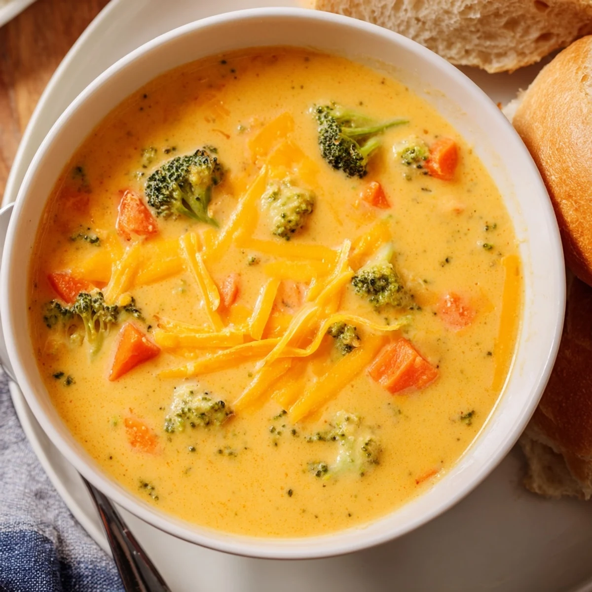 Creamy Broccoli Cheddar Soup with Crusty Bread served steaming hot in a rustic bowl, garnished with melted cheese and bright green florets.