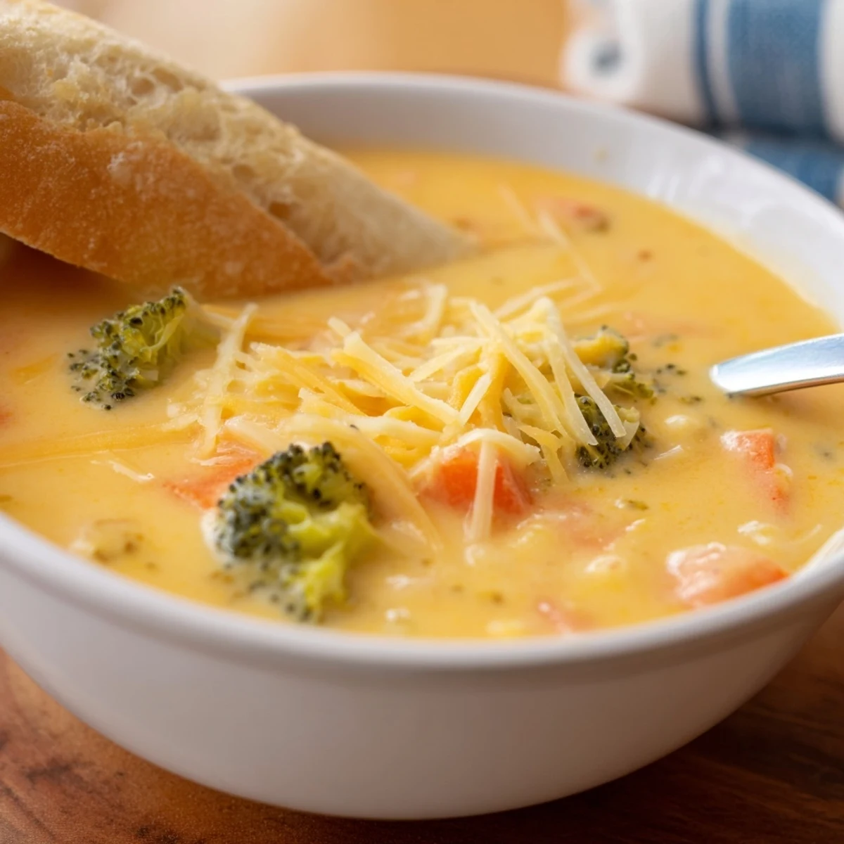 Top-down view of Creamy Broccoli Cheddar Soup with Crusty Bread, paired with golden toasted slices and fresh broccoli garnish for dipping.