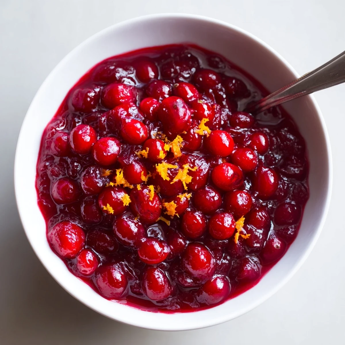 Bright orange zest and glistening Cranberry Sauce with Orange Juice in a white serving bowl, ready for a holiday table.