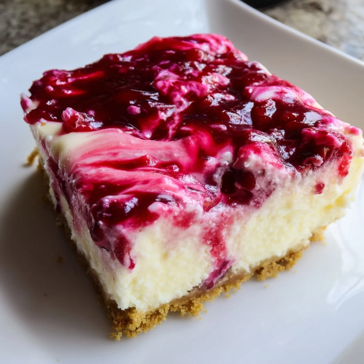 Decadent Raspberry White Chocolate Cheesecake Bars topped with fresh berries, sliced for a delicious dessert.