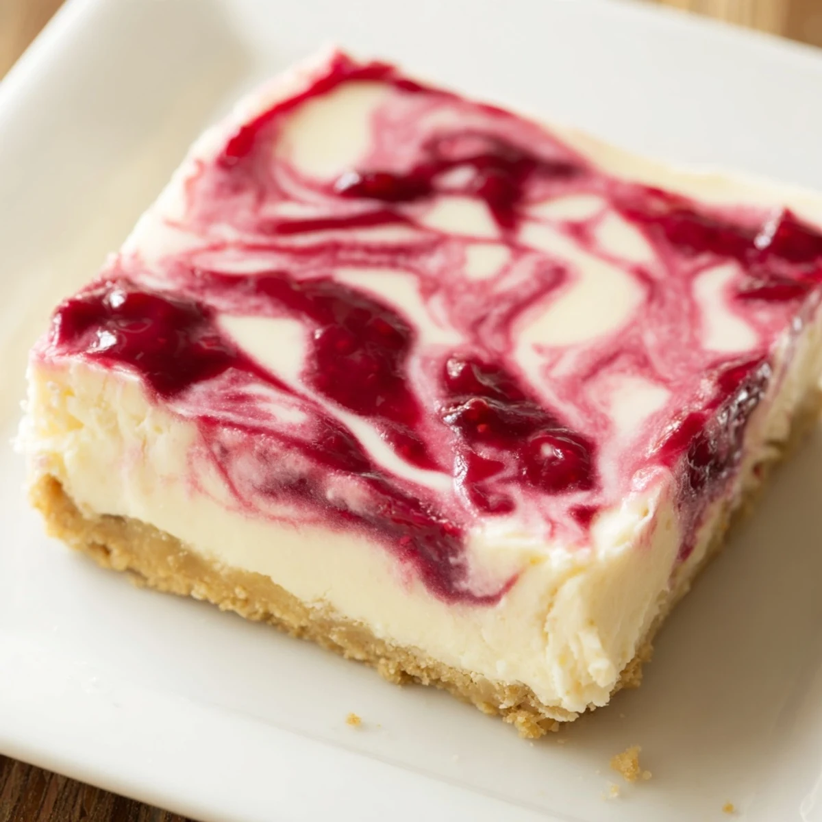 Sweet Raspberry White Chocolate Cheesecake Bars on a plate, showcasing marbled filling and golden cookie base.