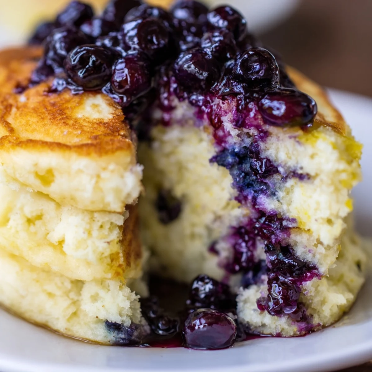 Golden-brown Lemon Ricotta Pancakes stacked high, generously drizzled with a warm, bubbling blueberry syrup for a sweet and tangy breakfast treat.
