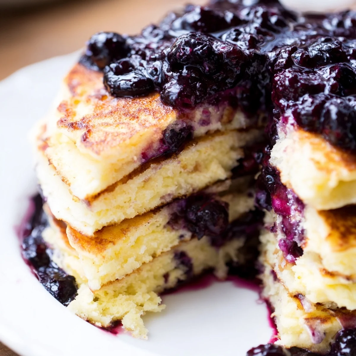 A close-up of fluffy Lemon Ricotta Pancakes soaked in warm blueberry syrup, garnished with a dusting of powdered sugar and lemon zest.