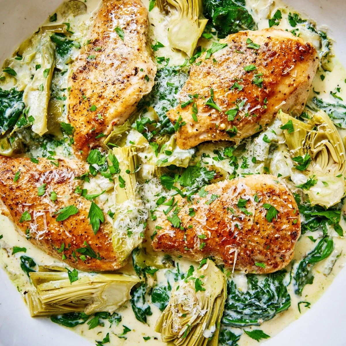 Golden brown chicken breasts nestled in a creamy spinach and artichoke skillet sauce, garnished with fresh parsley.