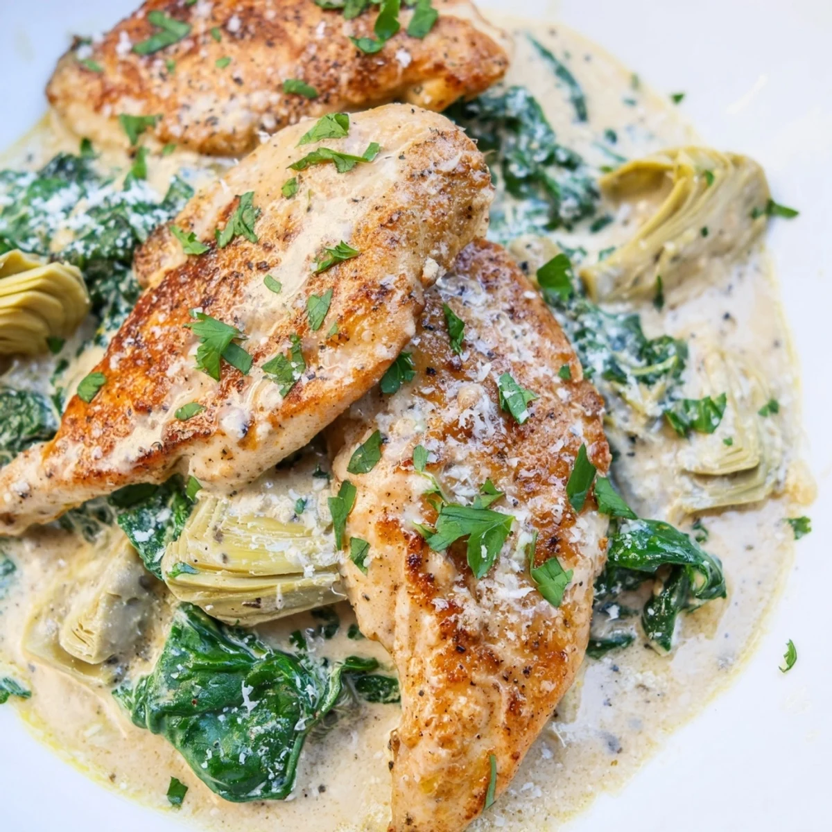 Tender chicken smothered in rich garlicky cream sauce with spinach and artichokes, a perfect gluten-free weeknight meal.