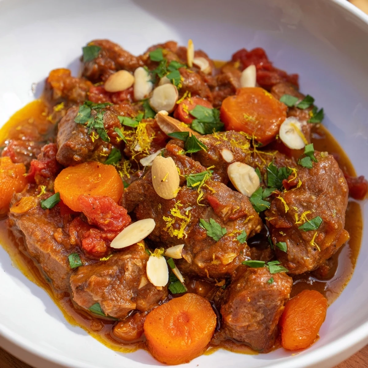 Tender lamb and sweet apricots in a Slow Cooker Moroccan Lamb Tagine, served over steamed couscous.