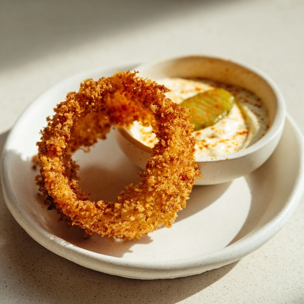 Golden, crunchy Crispy Air Fryer Onion Rings with Spicy Burger Sauce stacked high on a white plate.