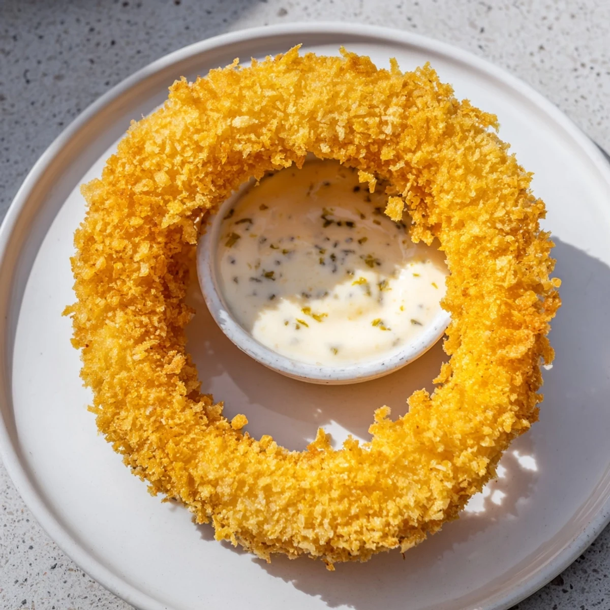 A hand holding a golden Crispy Air Fryer Onion Ring dipped in Spicy Burger Sauce.