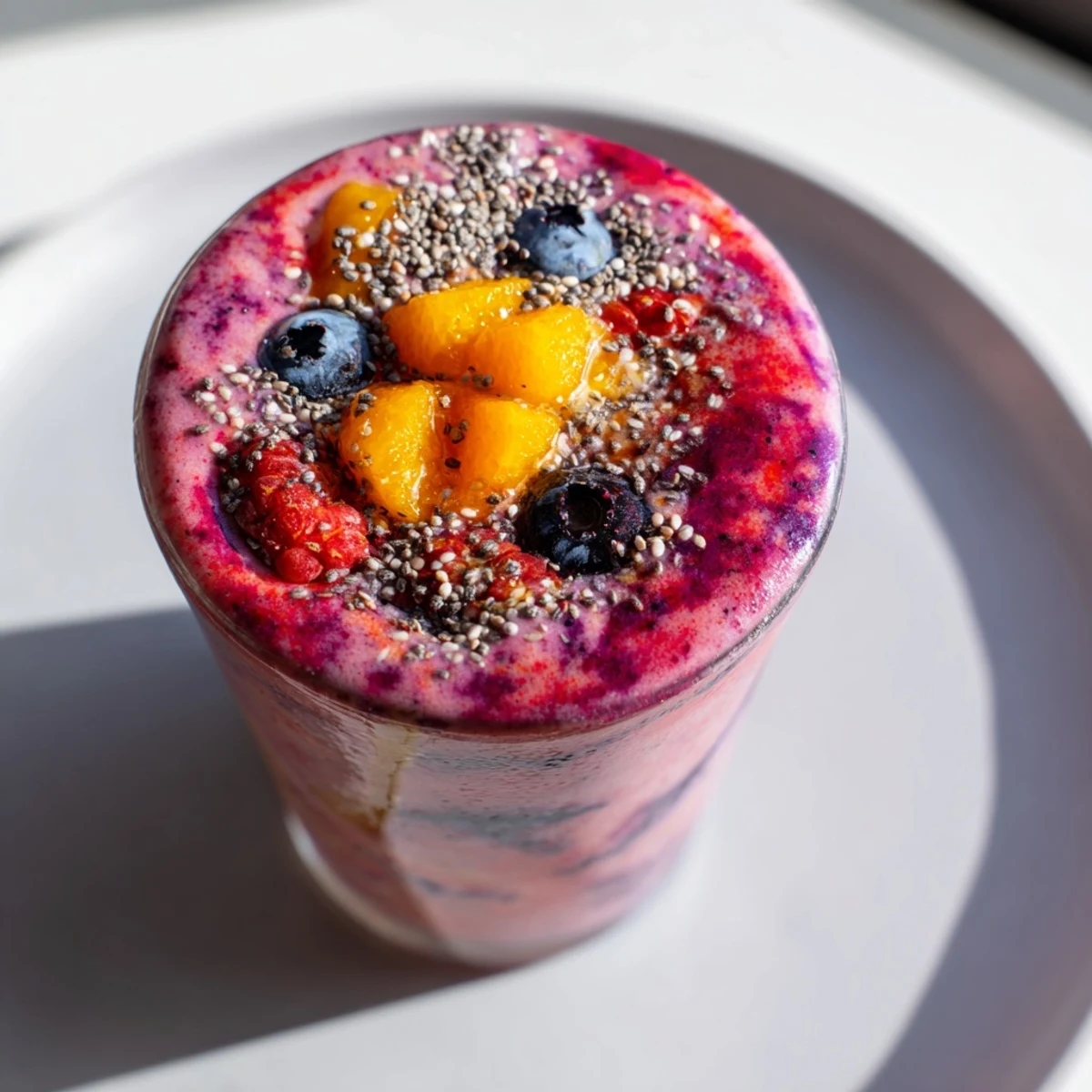 Two glasses of Winter Smoothie Blend with Berries surrounded by fresh ingredients like orange slices and chia seeds.