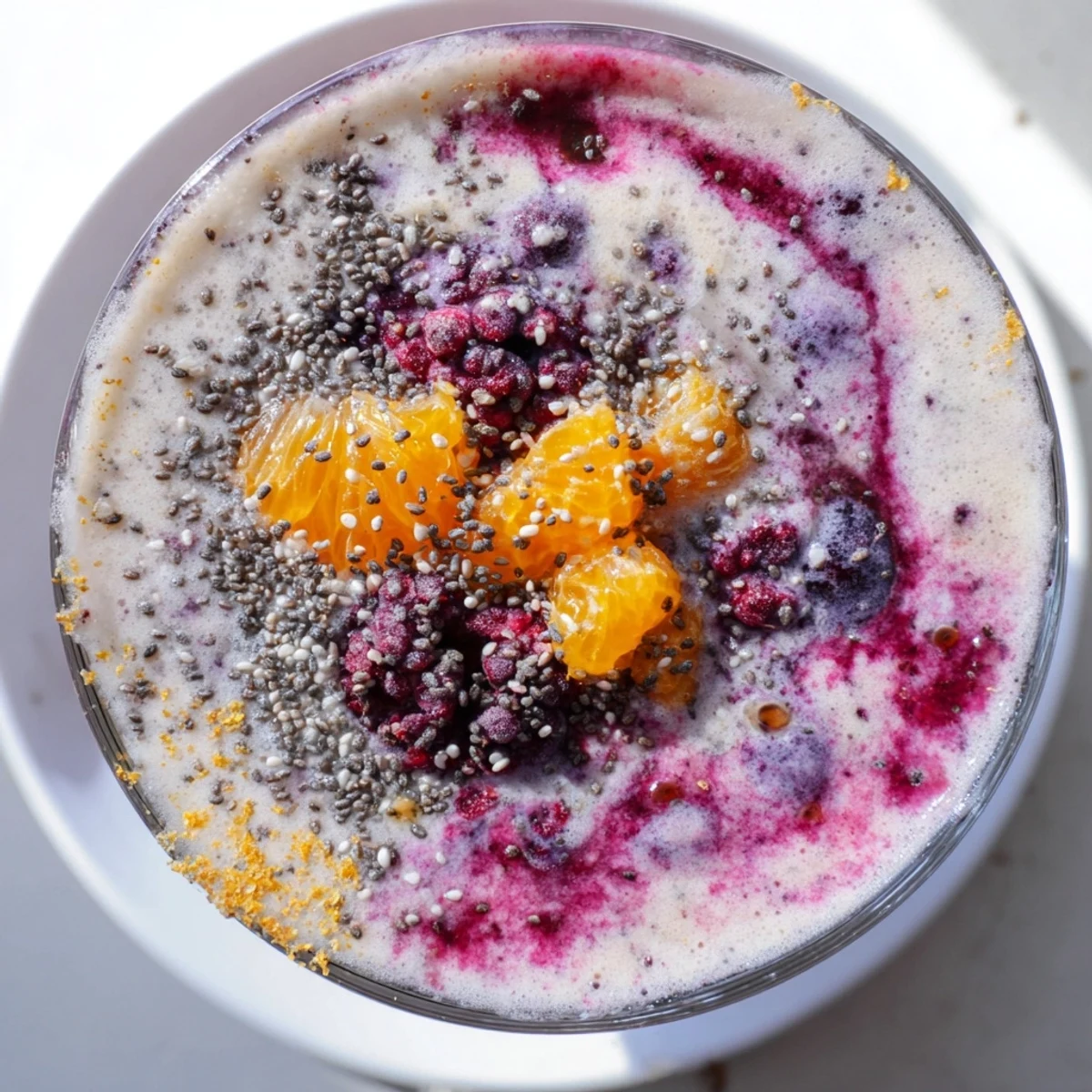 A close-up of a Winter Smoothie Blend with Berries in a glass, topped with fresh berries and a cinnamon stick.