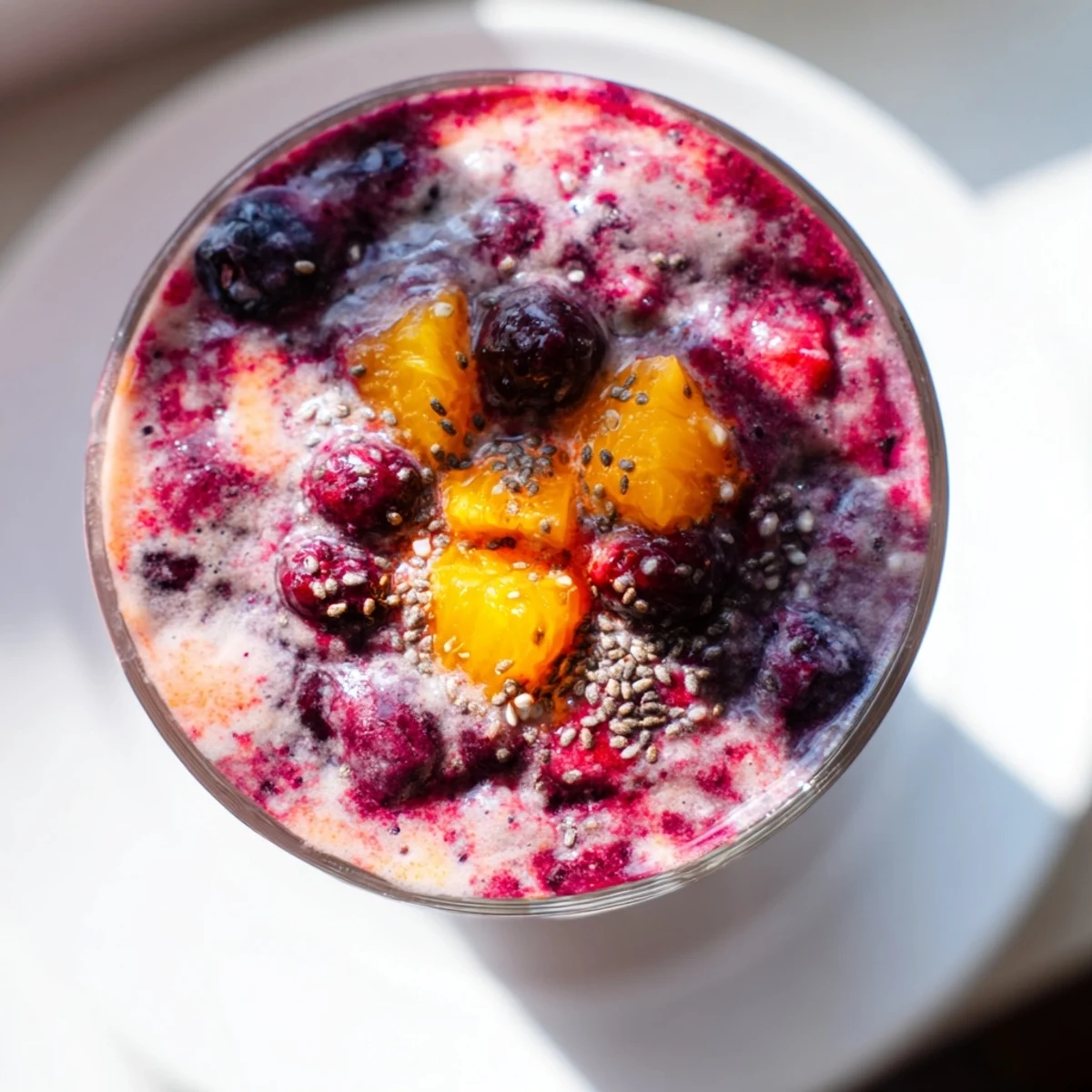 A hand holding a chilled glass of Winter Smoothie Blend with Berries, condensation on the glass, ready to drink.