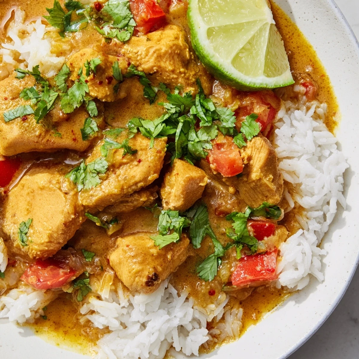 The finished Spicy Curry Chicken with Rice garnished with fresh cilantro and lime wedges on a plate.