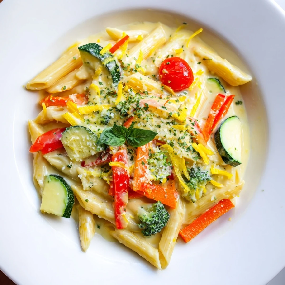 Creamy Pasta Primavera with Vegetables served warm with grated Parmesan and fresh basil garnish.