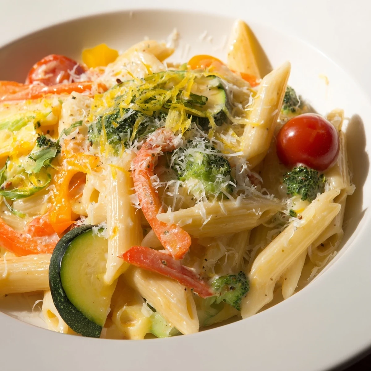Top-down view of Creamy Pasta Primavera with Vegetables in a skillet, creamy sauce clinging to noodles.