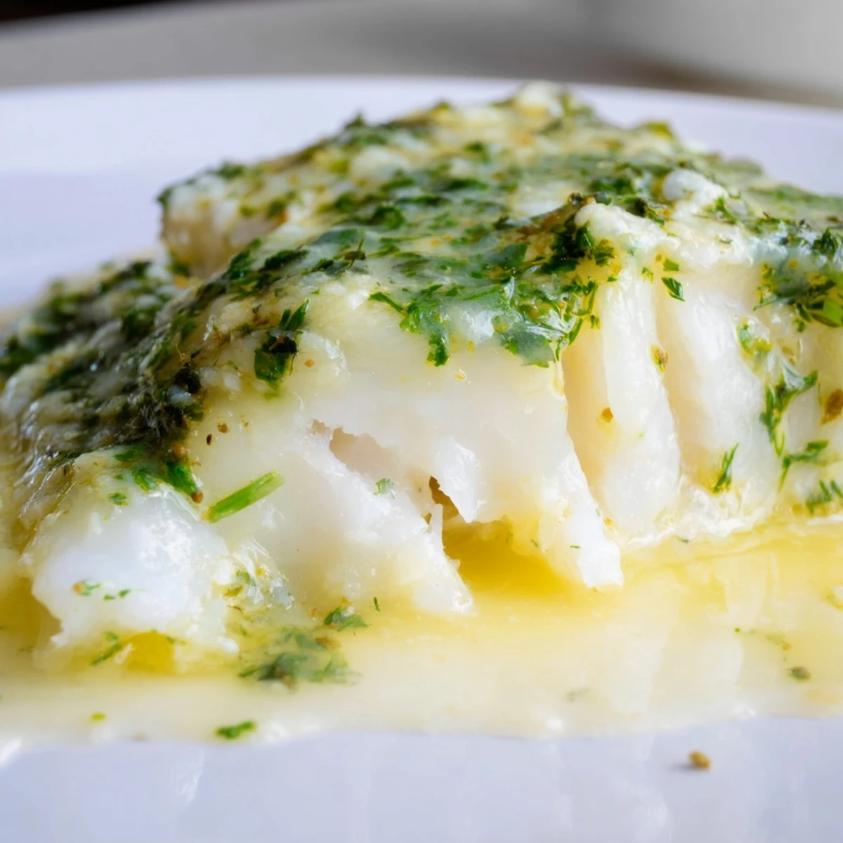 Golden Baked Cod with Herb Butter served with lemon wedges on a white plate.