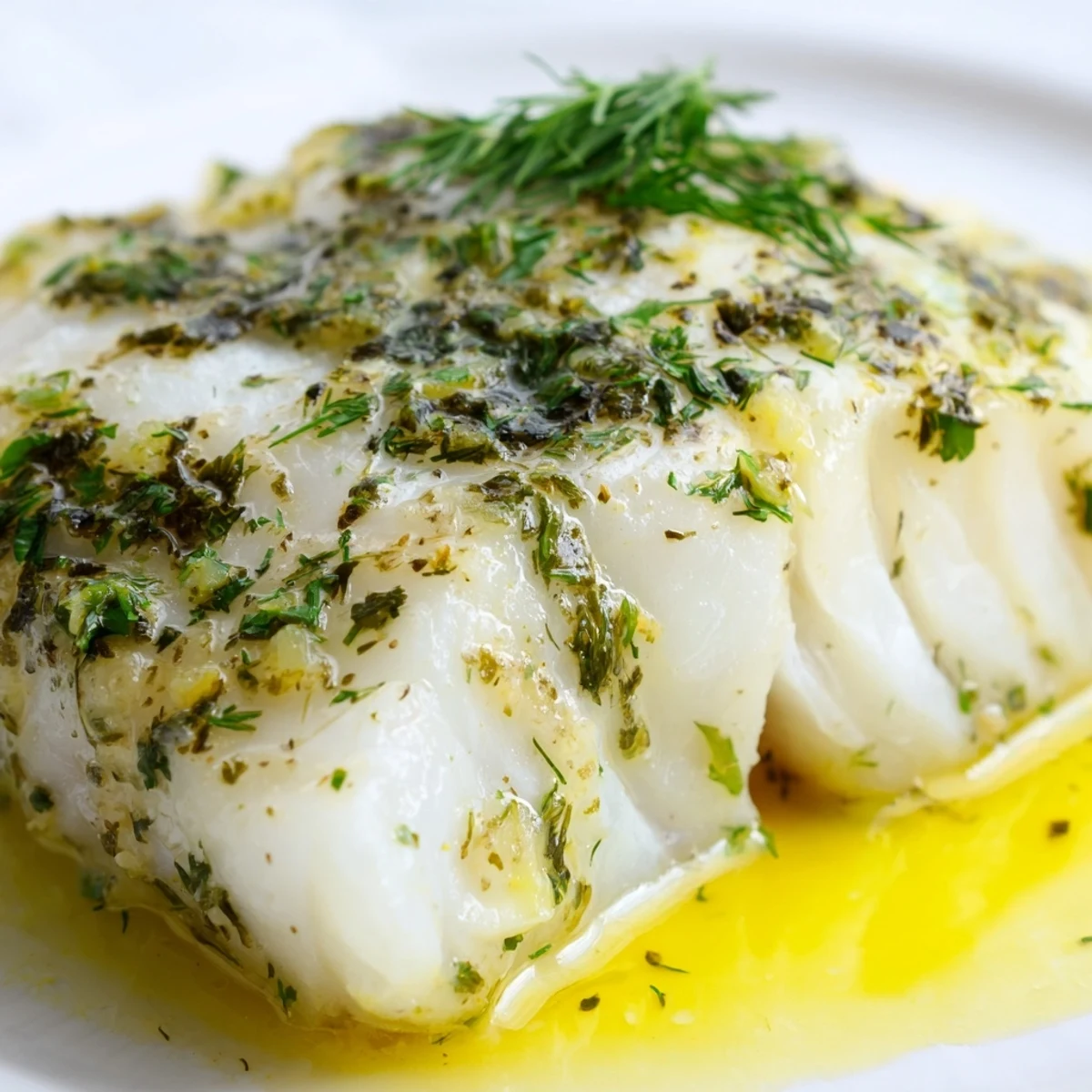 Sizzling Baked Cod with Herb Butter topped with melted butter and herbs ready to serve.