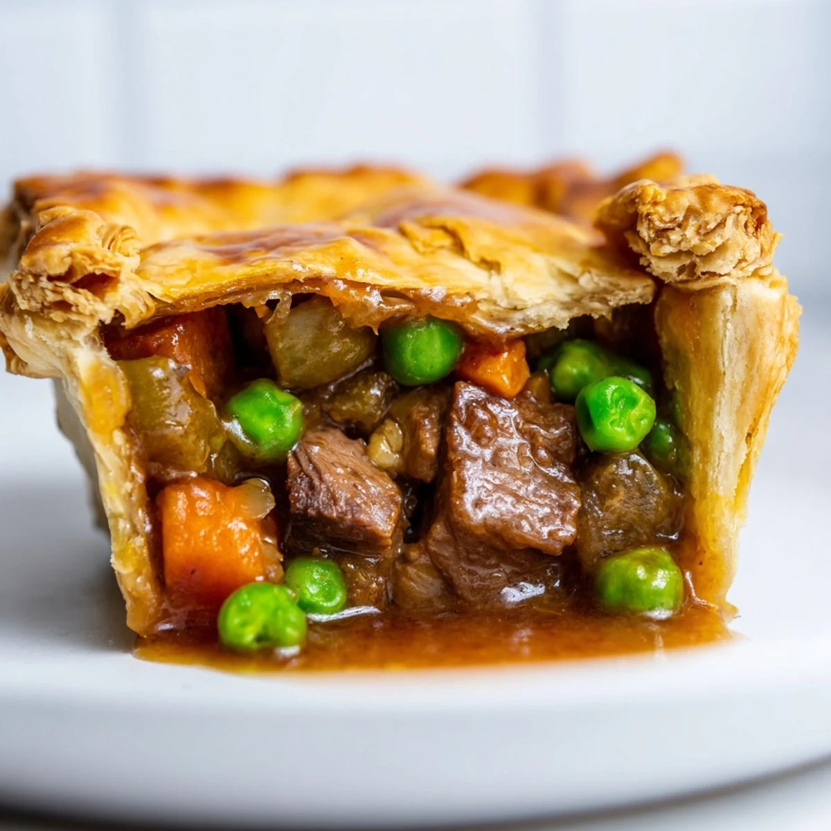 Freshly baked Beef Pie with Flaky Crust, featuring golden, lattice-cut pastry and a spoonful of savory beef filling revealing tender chunks and peas.