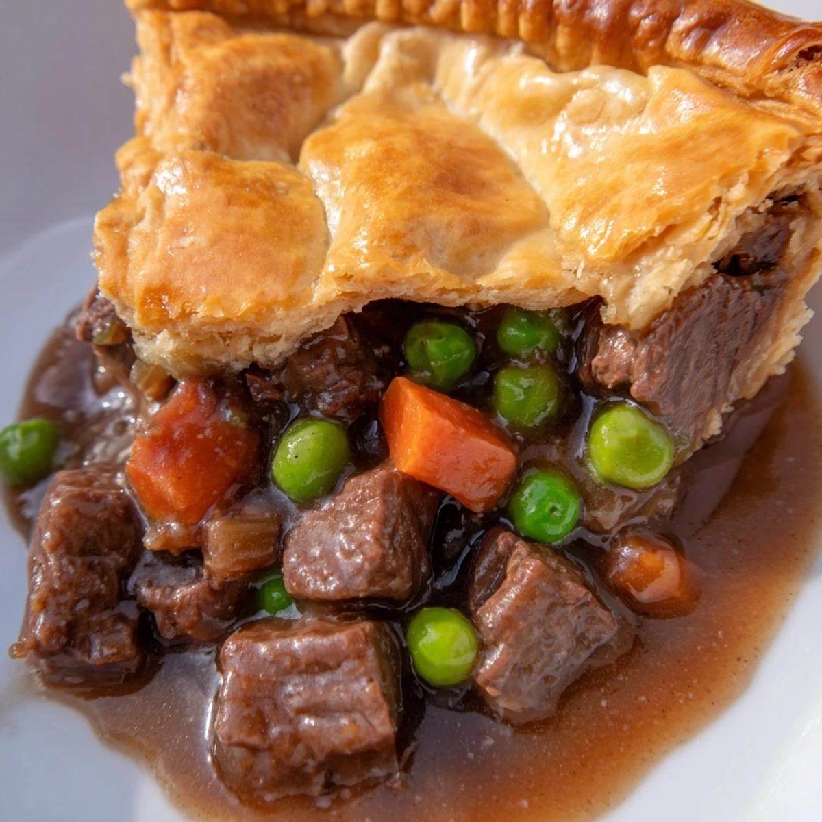 Close-up of a warm Beef Pie with Flaky Crust, highlighting the thick, bubbly, savory beef filling beneath the crisp, golden-brown pastry top.