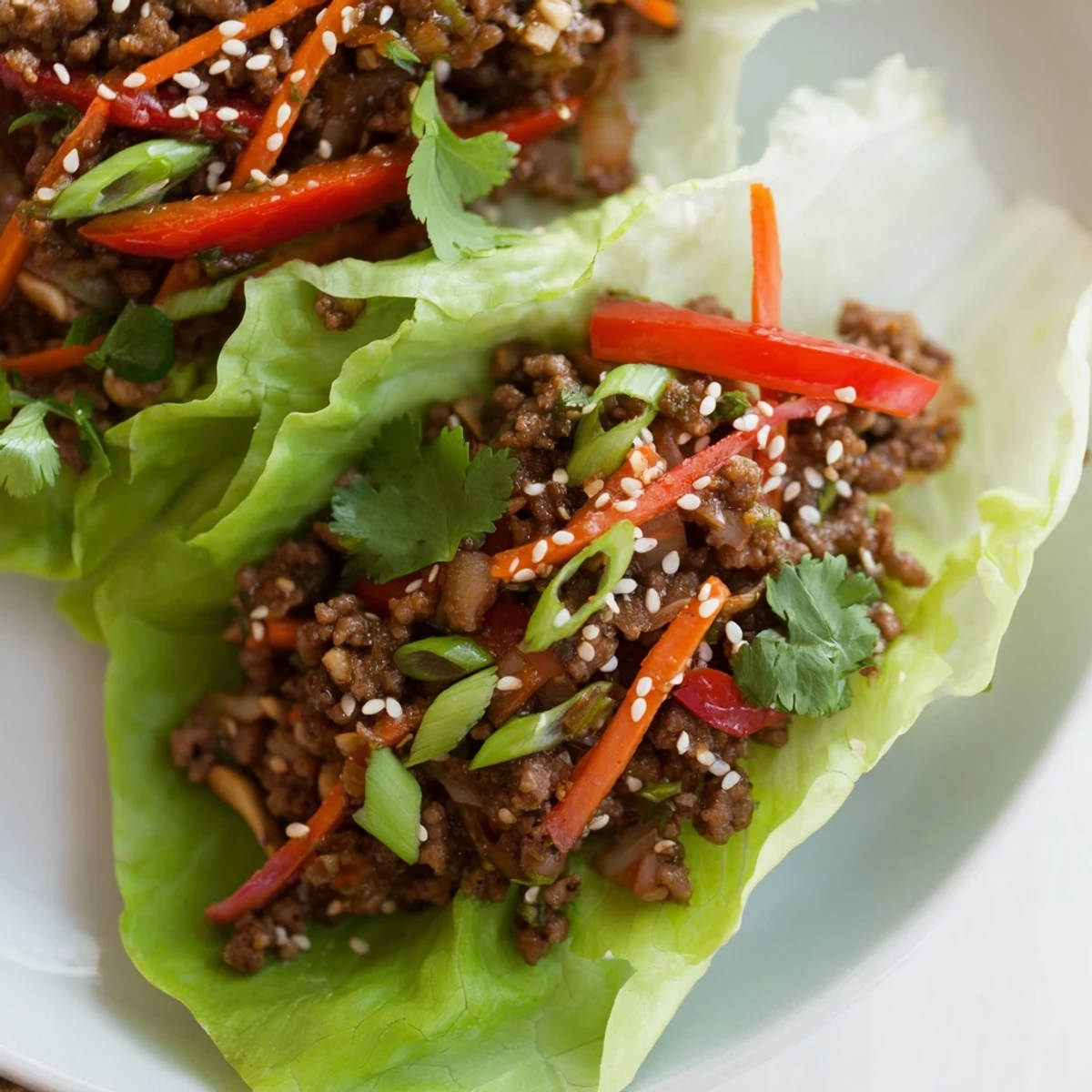 Sizzling Asian-inspired beef filling with crisp veggies, ready to spoon into butter lettuce wraps for a fresh, handheld meal. 