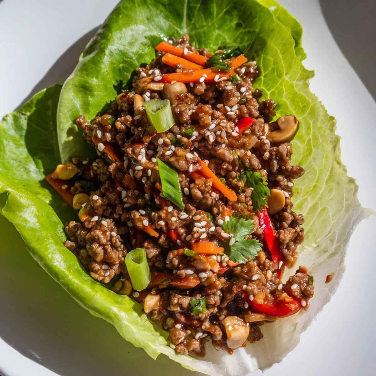 Golden-brown ground beef with carrots and bell peppers, nestled in tender green lettuce leaves, perfect for an easy weeknight dinner. 